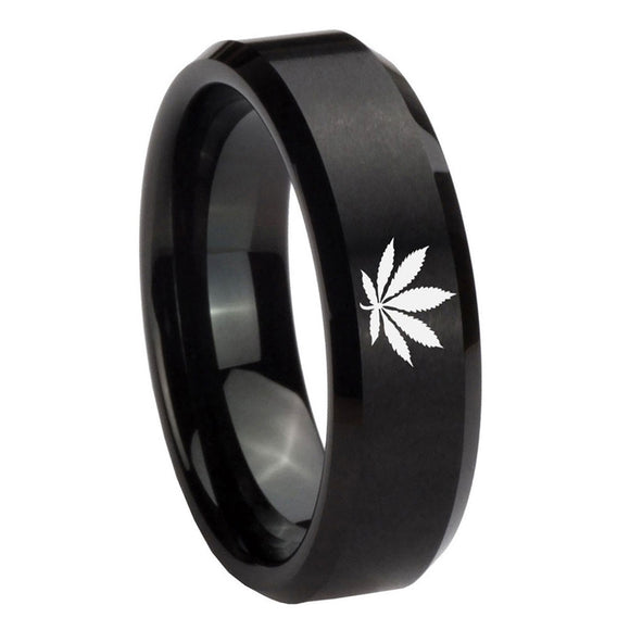 8mm-Marijuana-Leaf-Beveled-Edges-Brush-Black-Tungsten-Carbide-Bands-Ring