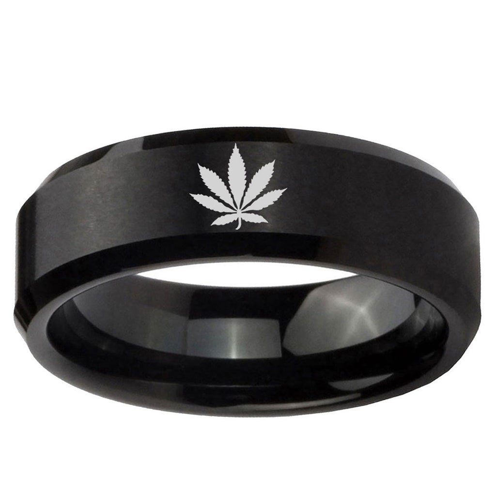 10mm Marijuana Leaf Beveled Edge Brush Black Tungsten Ring
