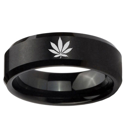 10mm Marijuana Leaf Beveled Edge Brush Black Tungsten Ring