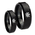 Marijuana Leaf Beveled Edges Brush Black Tungsten Mens Set Rings