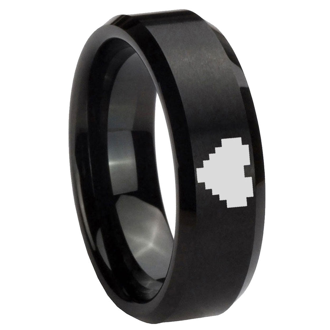 8MM Zelda Heart Beveled Brushed Black Tungsten Mens Wedding Ring