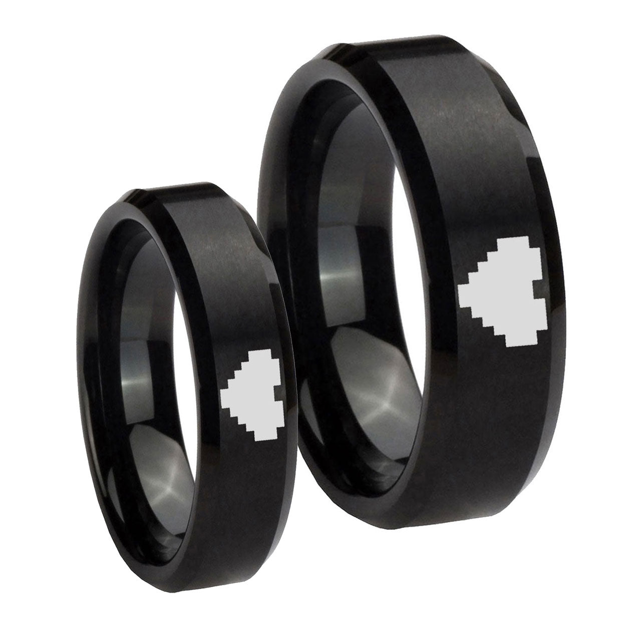 Black Brush Beveled Zelda Heart Tungsten Bridal Ring Set