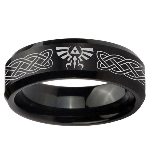 10mm Celtic Zelda Beveled Edge Brush Black Tungsten Custom Ring for Men