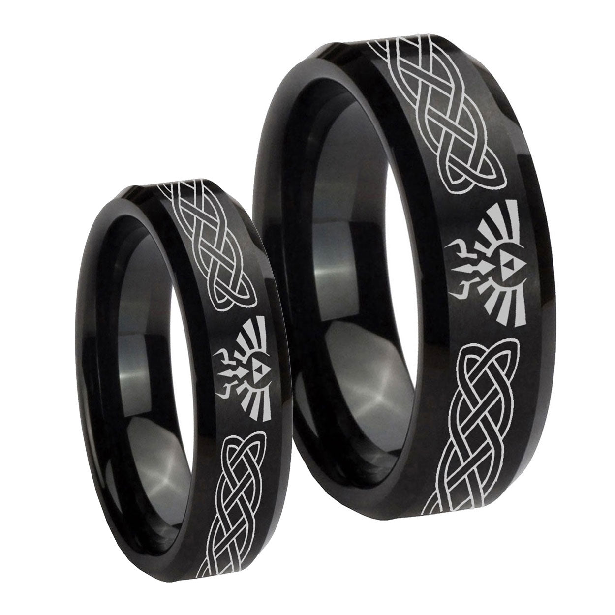 Celtic Zelda Beveled Edges Brush Black Tungsten His And Hers Ring
