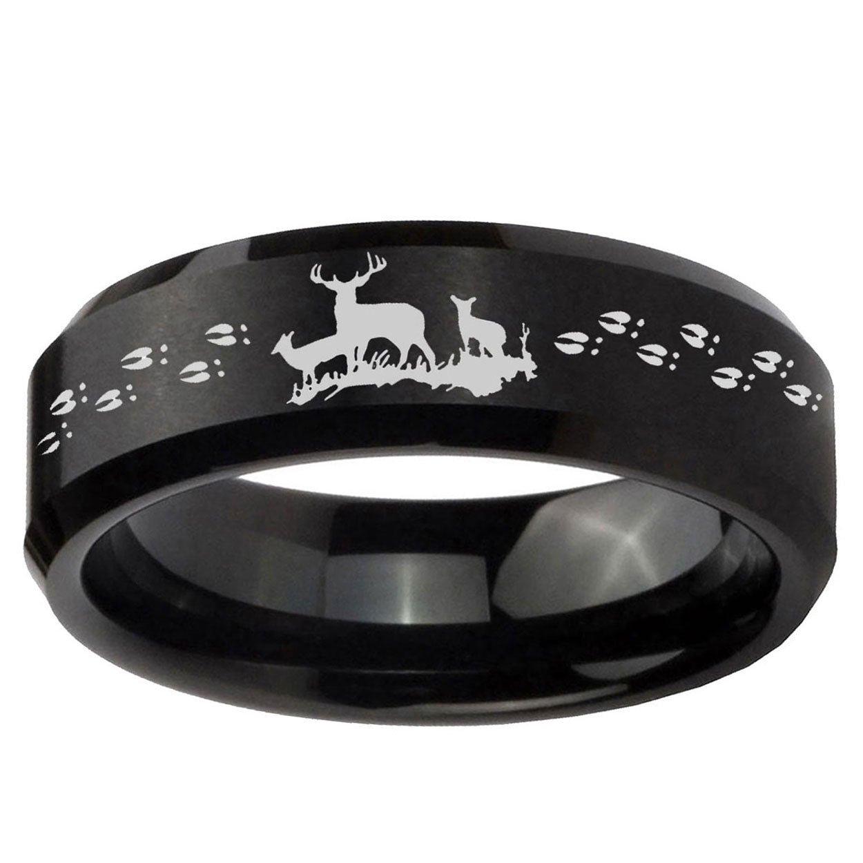 10mm Deer Hunting Beveled Edge Brush Black Tungsten Ring
