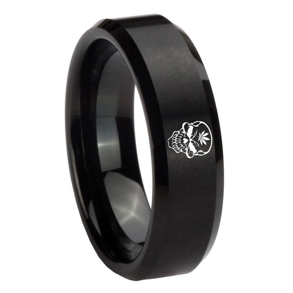 8mm-Skull-Marijuana-Leaf--Beveled-Brush-Black-Tungsten-Custom-Ring-for-Men