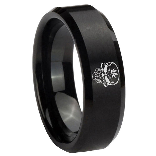 10mm Skull Marijuana Leaf Beveled Edges Brush Black Tungsten Engagement Ring