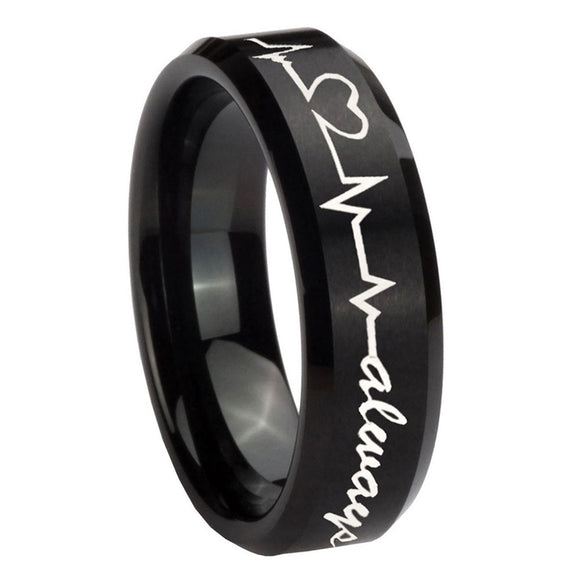 10mm-Heart-Beat-forever-Heart-always-Beveled-Brush-Black-Tungsten-Engraved-Ring