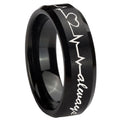 10mm Heart Beat forever Heart always Beveled Brush Black Tungsten Engraved Ring