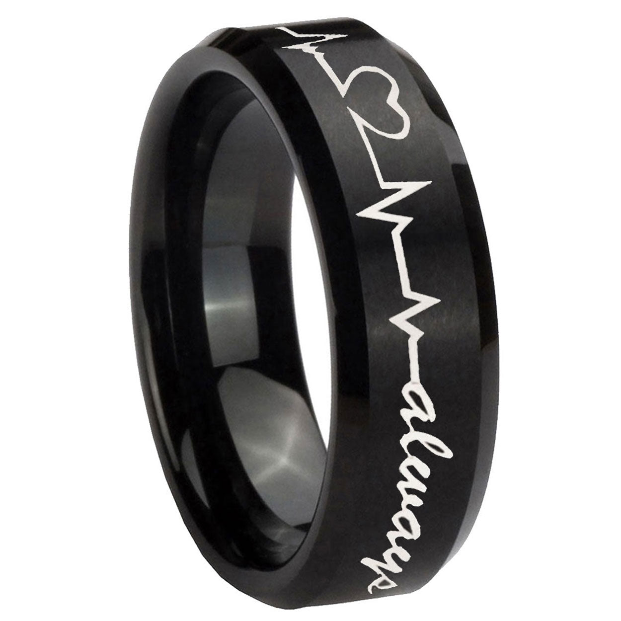 10mm Heart Beat forever Heart always Beveled Brush Black Tungsten Engraved Ring