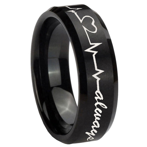 10mm Heart Beat forever Heart always Beveled Brush Black Tungsten Engraved Ring