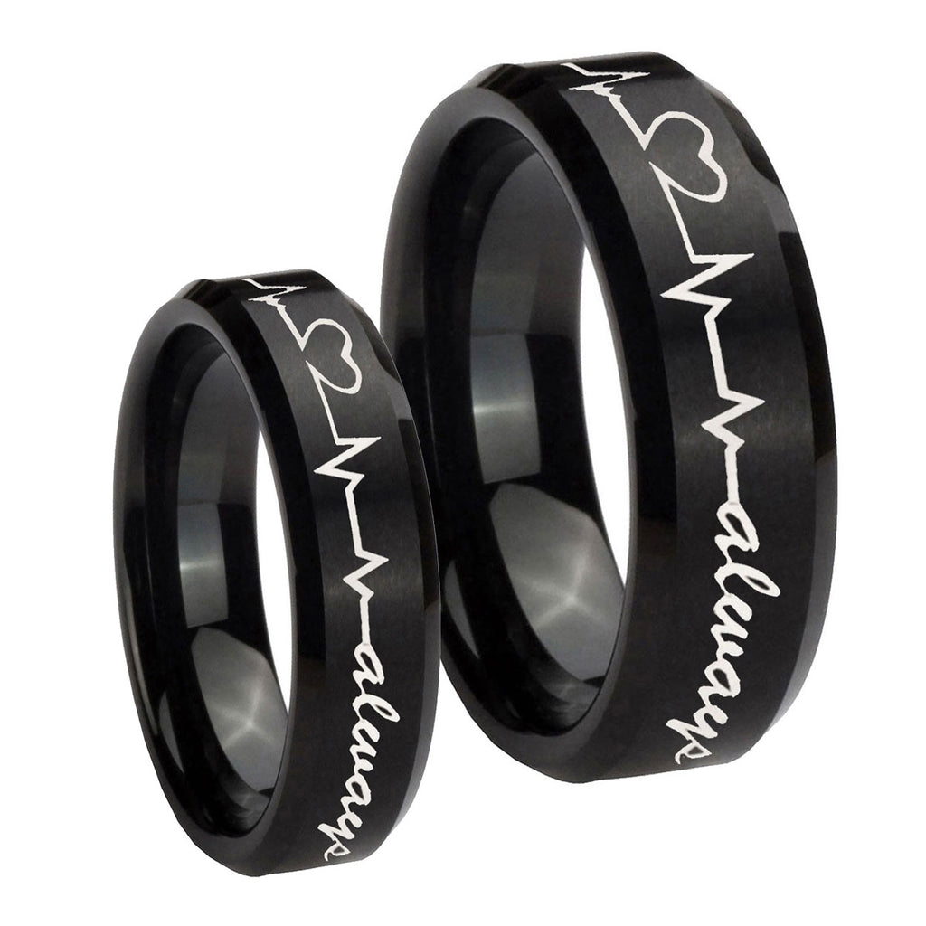 Heart Beat forever Heart always Beveled Brush Black Tungsten Bridal Ring Set
