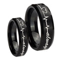 Heart Beat forever Heart always Beveled Brush Black Tungsten Bridal Ring Set