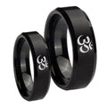 Om Aum Yoga Beveled Edges Brush Black Tungsten Wedding Band Set