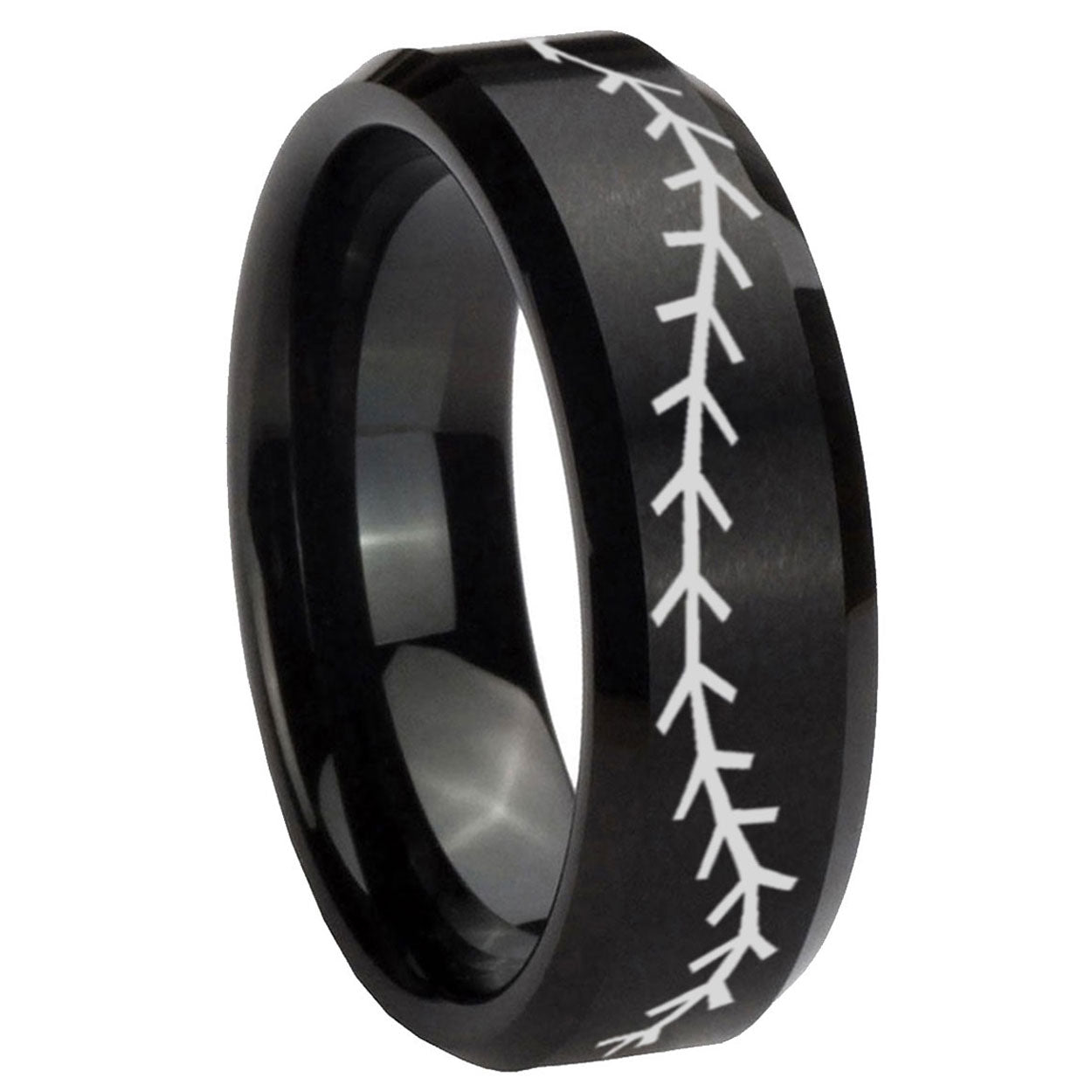 10mm Baseball Stitch Beveled Edges Brush Black Tungsten Carbide Men's Band Ring