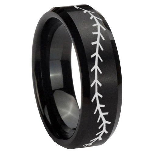 10mm Baseball Stitch Beveled Edges Brush Black Tungsten Carbide Men's Band Ring