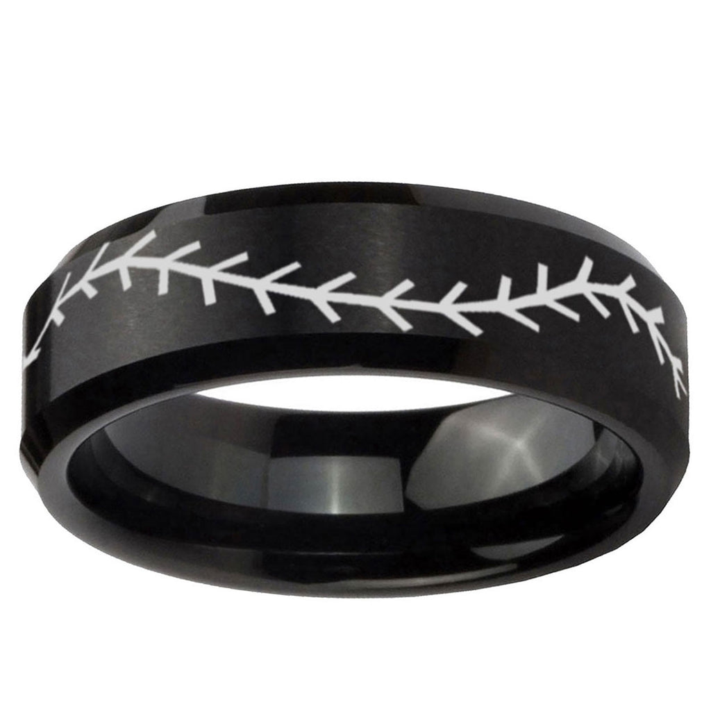 5MM Baseball Stitch Beveled Brushed Black Tungsten Personalized Ring