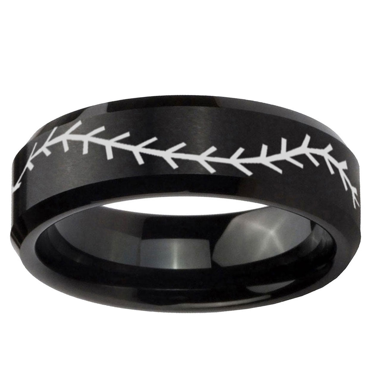 5MM Baseball Stitch Beveled Brushed Black Tungsten Personalized Ring