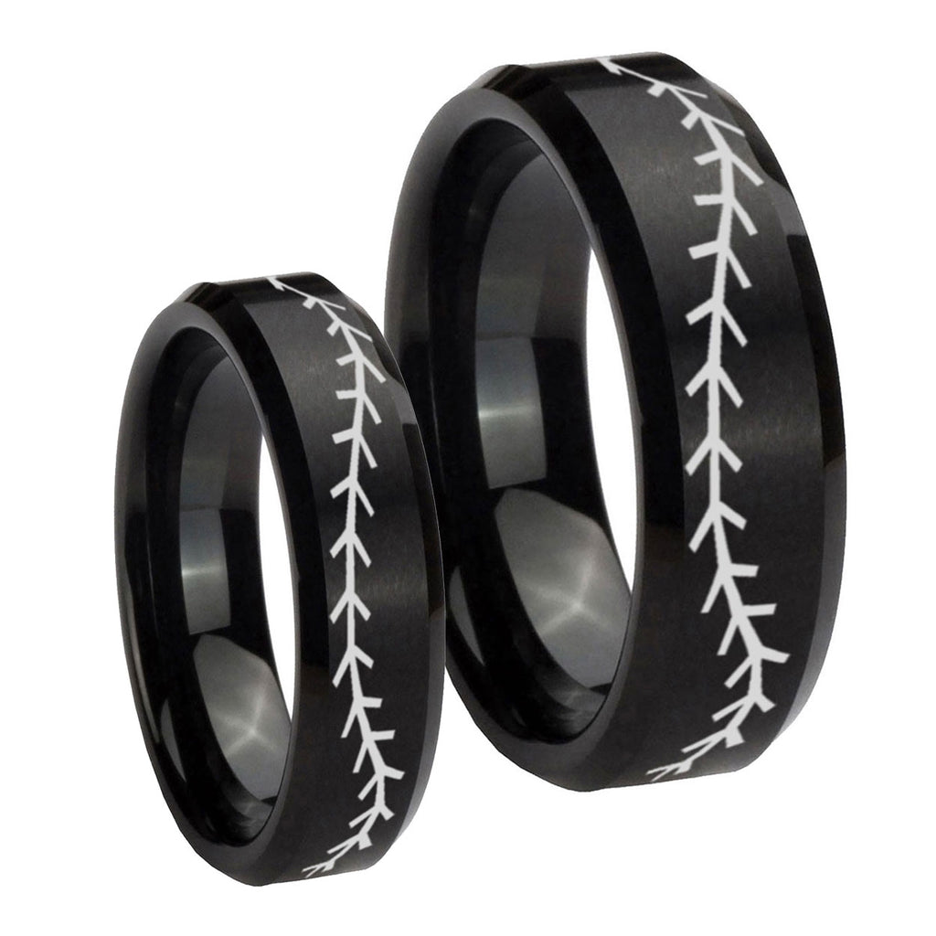 Baseball Stitch Beveled Edges Brush Black Tungsten Bridal Ring Sets