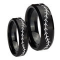 Baseball Stitch Beveled Edges Brush Black Tungsten Bridal Ring Sets