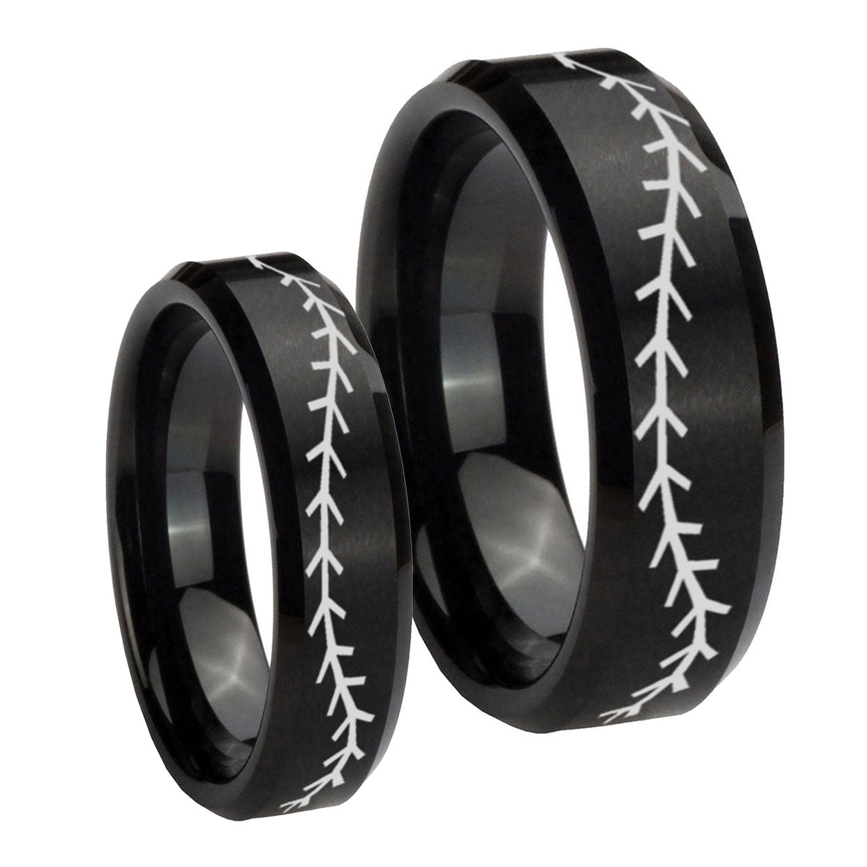 Baseball Stitch Beveled Edges Brush Black Tungsten Bridal Ring Sets