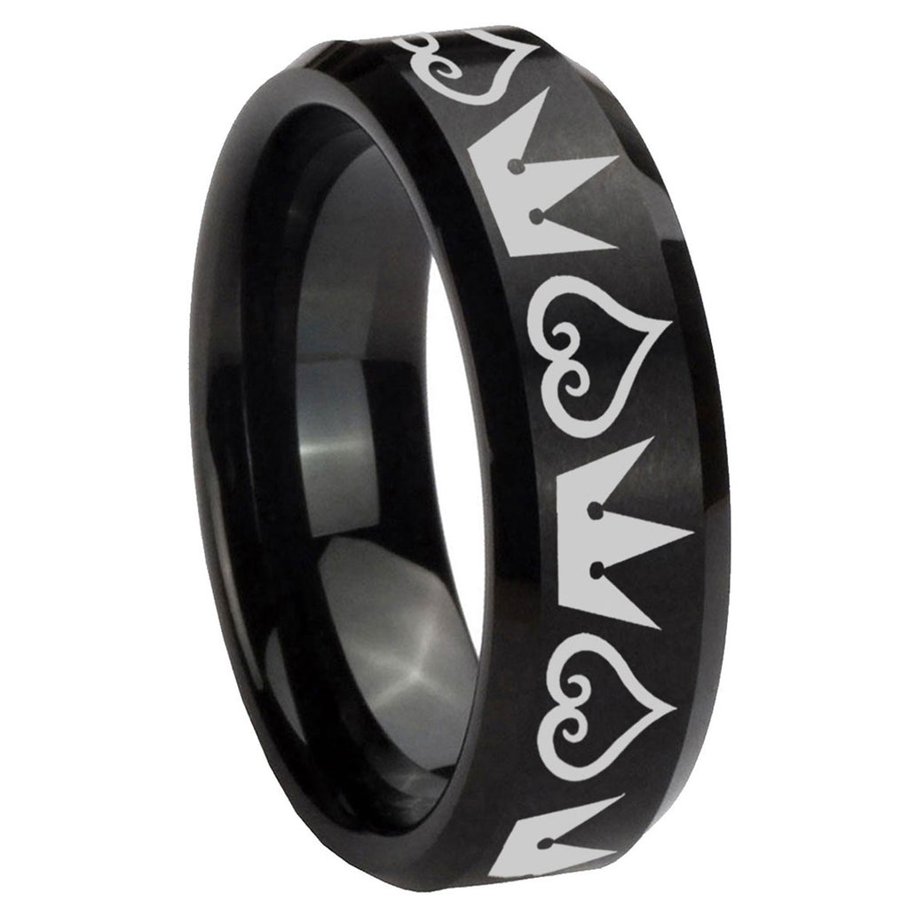 10mm Hearts and Crowns Beveled Edges Brush Black Tungsten Mens Bands Ring