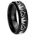 10mm Hearts and Crowns Beveled Edges Brush Black Tungsten Mens Bands Ring
