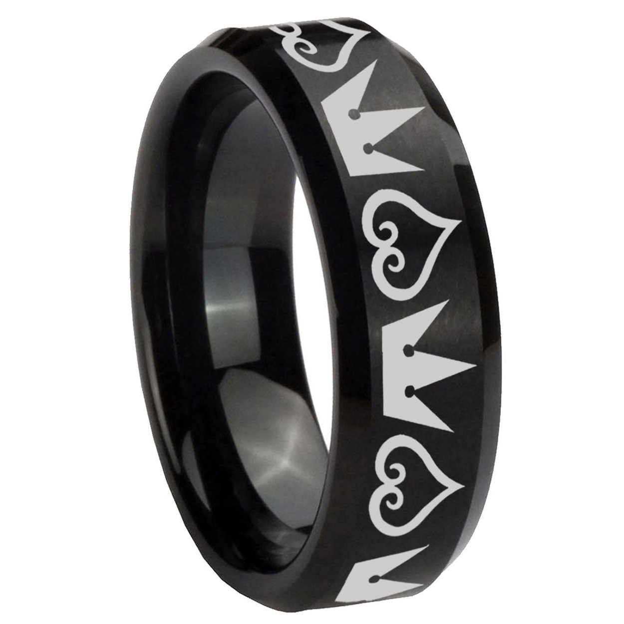 10mm Hearts and Crowns Beveled Edges Brush Black Tungsten Mens Bands Ring