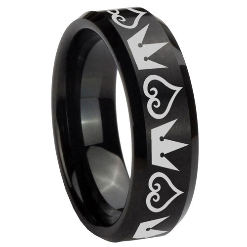 10mm Hearts and Crowns Beveled Edges Brush Black Tungsten Mens Bands Ring