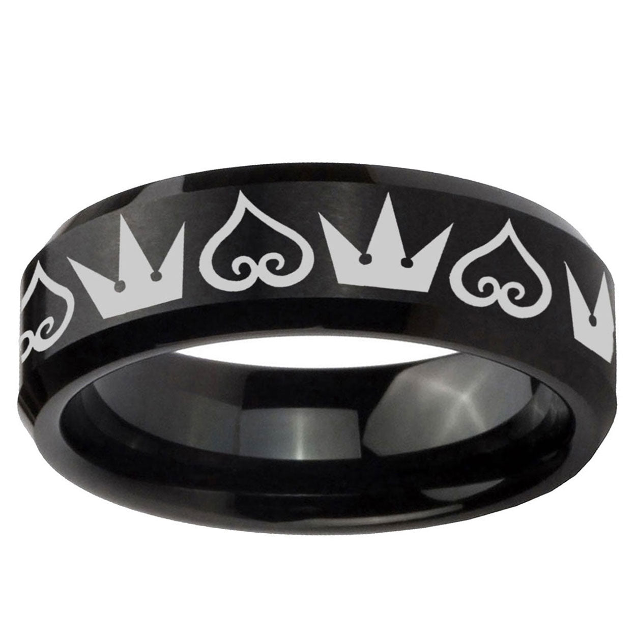 10mm Hearts and Crowns Beveled Edge Brush BlackTungsten Ring