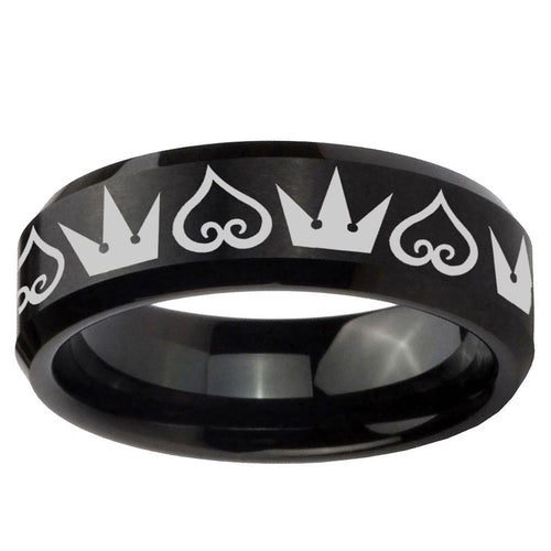 10mm Hearts and Crowns Beveled Edge Brush BlackTungsten Ring