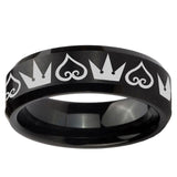 5, 8mm Hearts and Crowns Beveled Edge Brush Black Tungsten Ring