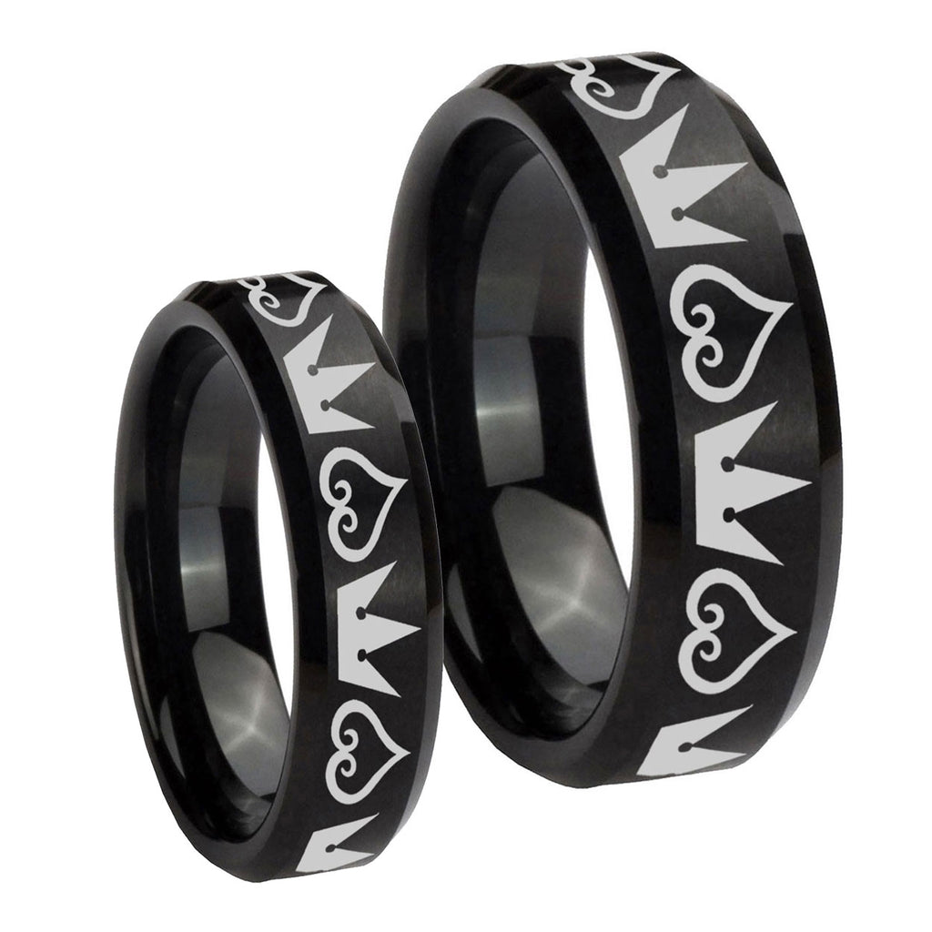 Hearts and Crowns Beveled Brush Black Tungsten Bridal Band Set
