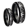 Hearts and Crowns Beveled Brush Black Tungsten Bridal Band Set