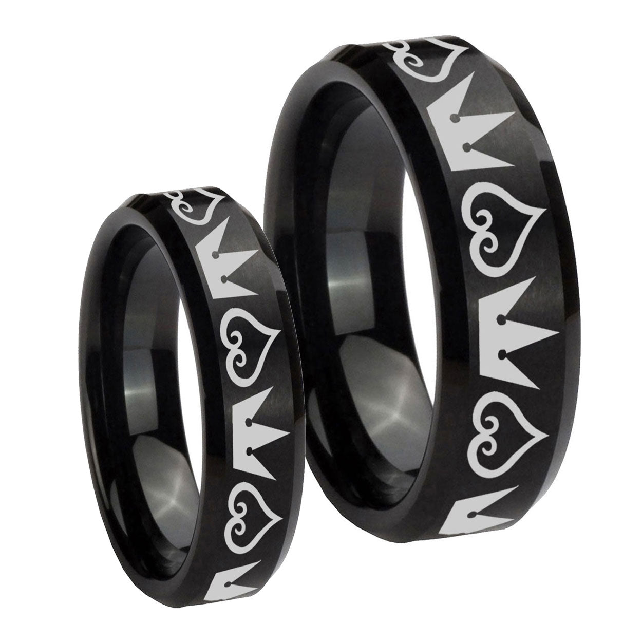 Hearts and Crowns Beveled Brush Black Tungsten Bridal Band Set