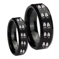 Deer Tracks Beveled Edges Brush Black Tungsten Wedding Set Ring