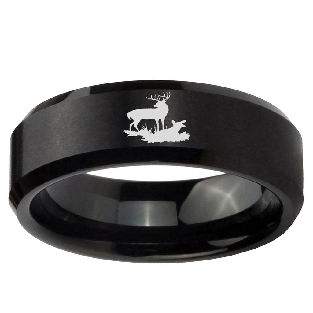 10mm Deer Hunting Beveled Edge Brush Black Tungsten Mens Engagement Ring