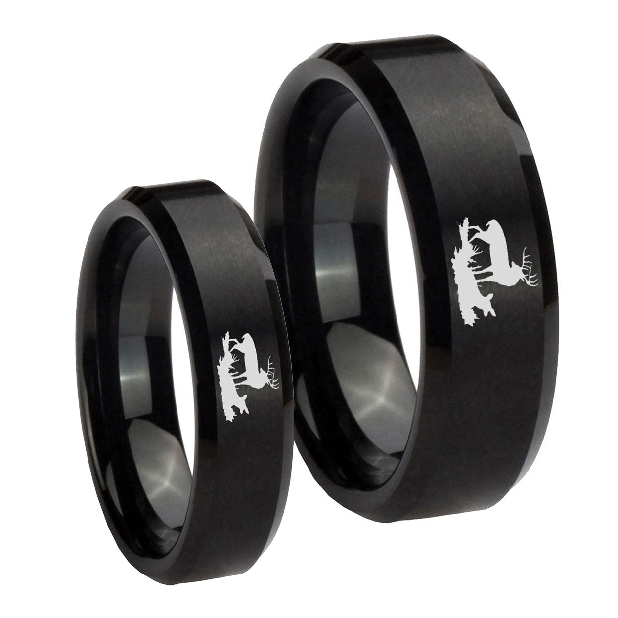 Deer Hunting Beveled Edges Brush Black Tungsten Matching Ring Set