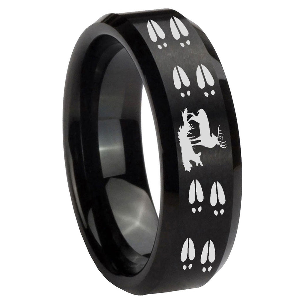 10mm Deer Hunting Tracks Beveled Brush Black Tungsten Men's Engagement Ring