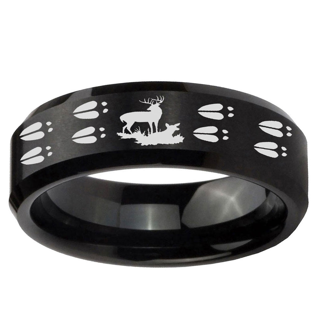 10mm Deer Hunting Tracks Beveled Brush Black Tungsten Ring