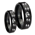 Deer Hunting Tracks Beveled Brush Black Tungsten Bridal Set Rings