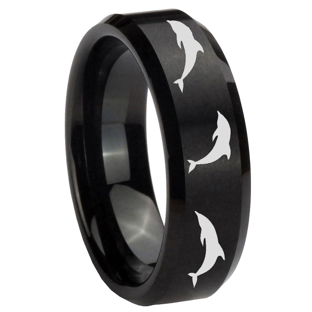 10mm Dolphins Beveled Edges Brush Black Tungsten Carbide Mens Promise Ring