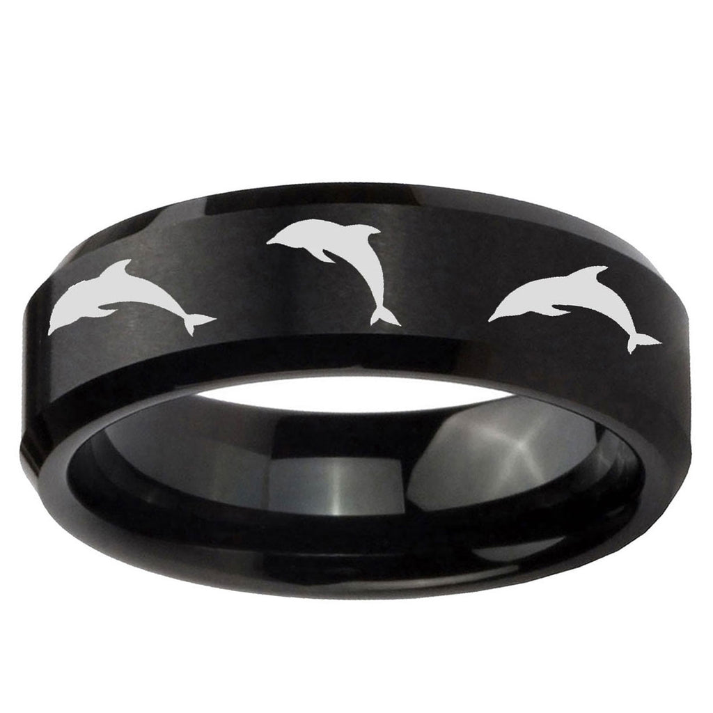 10mm Dolphins Beveled Edge Brush Black Tungsten Ring