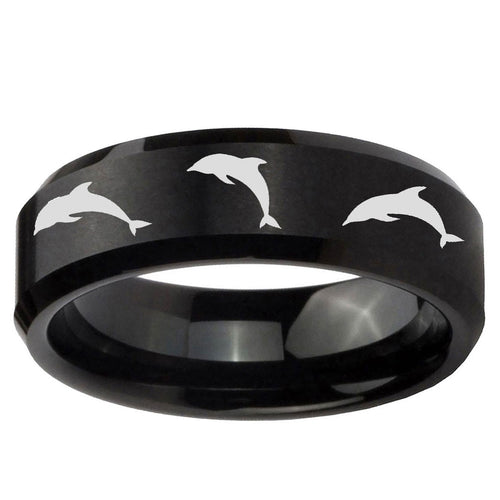 10mm Dolphins Beveled Edge Brush Black Tungsten Ring