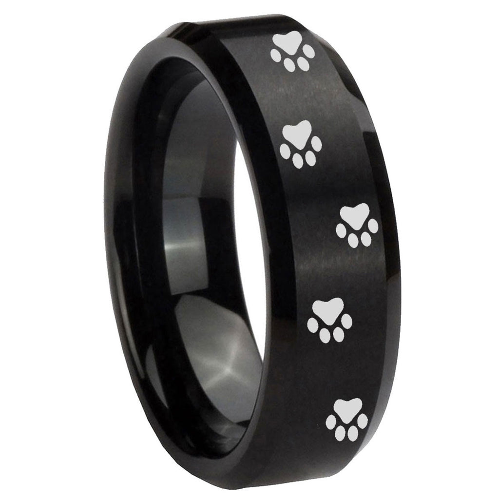 10mm Paw Print Beveled Edges Brush Black Tungsten Carbide Men's Promise Rings
