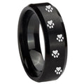 10mm Paw Print Beveled Edges Brush Black Tungsten Carbide Men's Promise Rings
