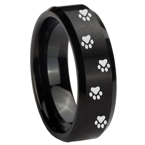 10mm Paw Print Beveled Edges Brush Black Tungsten Carbide Men's Promise Rings