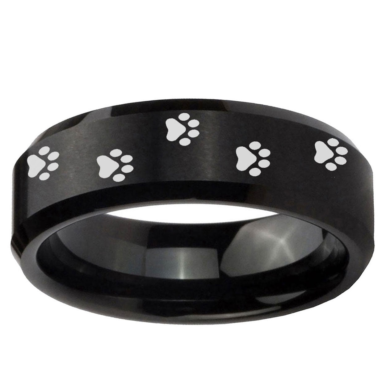 10mm Paw Print Beveled Edge Brush Black Tungsten Ring