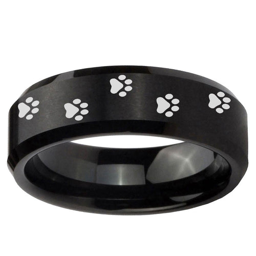 10mm Paw Print Beveled Edge Brush Black Tungsten Ring
