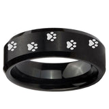 5, 8mm Paw Print Beveled Edge Brush Black Tungsten Ring